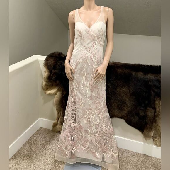 Stunning Custom Embroidered & Sequined Floral Lace Sexy Back Fishtail Gown - Picture 2 of 14